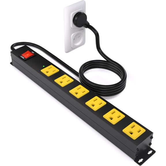 Heavy Duty 6 Outlet Metal Long Power Strip, 2700J Surge Protector with 15A Circuit Breaker, 6FT Extension Cord, Wall Mount for Garage, Workshop & Industrial Use, Wide Spaced (6ft)