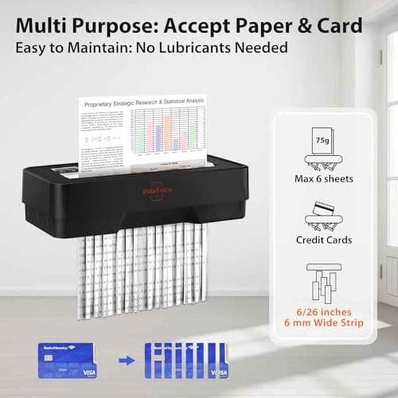 Heavy-Duty 6-Sheet Strip Cut Paper Shredder, 2.65-Gallon Bin, Jam-Proof Manual Operation for Cardboard, Staples & Clips, Battery-Powered Portable Home Office Shreddera