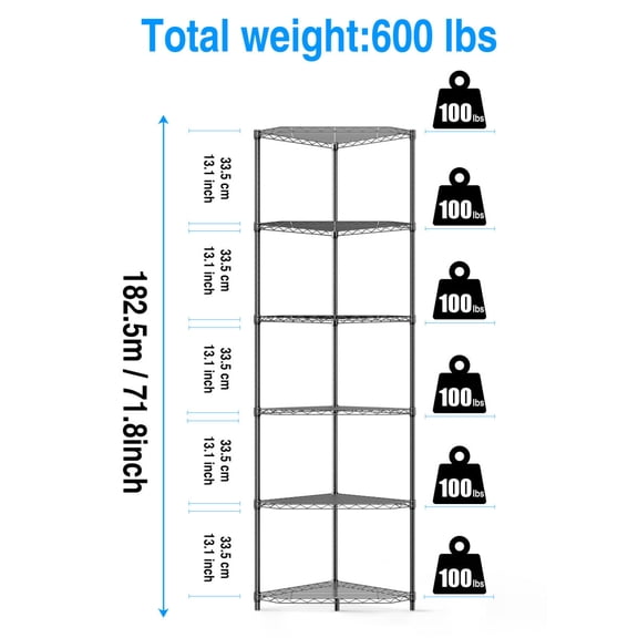 Heavy Duty 6 Shelf Corner Storage Rack Pentagonal Adjustable Wire Shelving Chrome Plated Black Metal Free Standing Organizer for Home Office Bathroom Kitchen Living Room