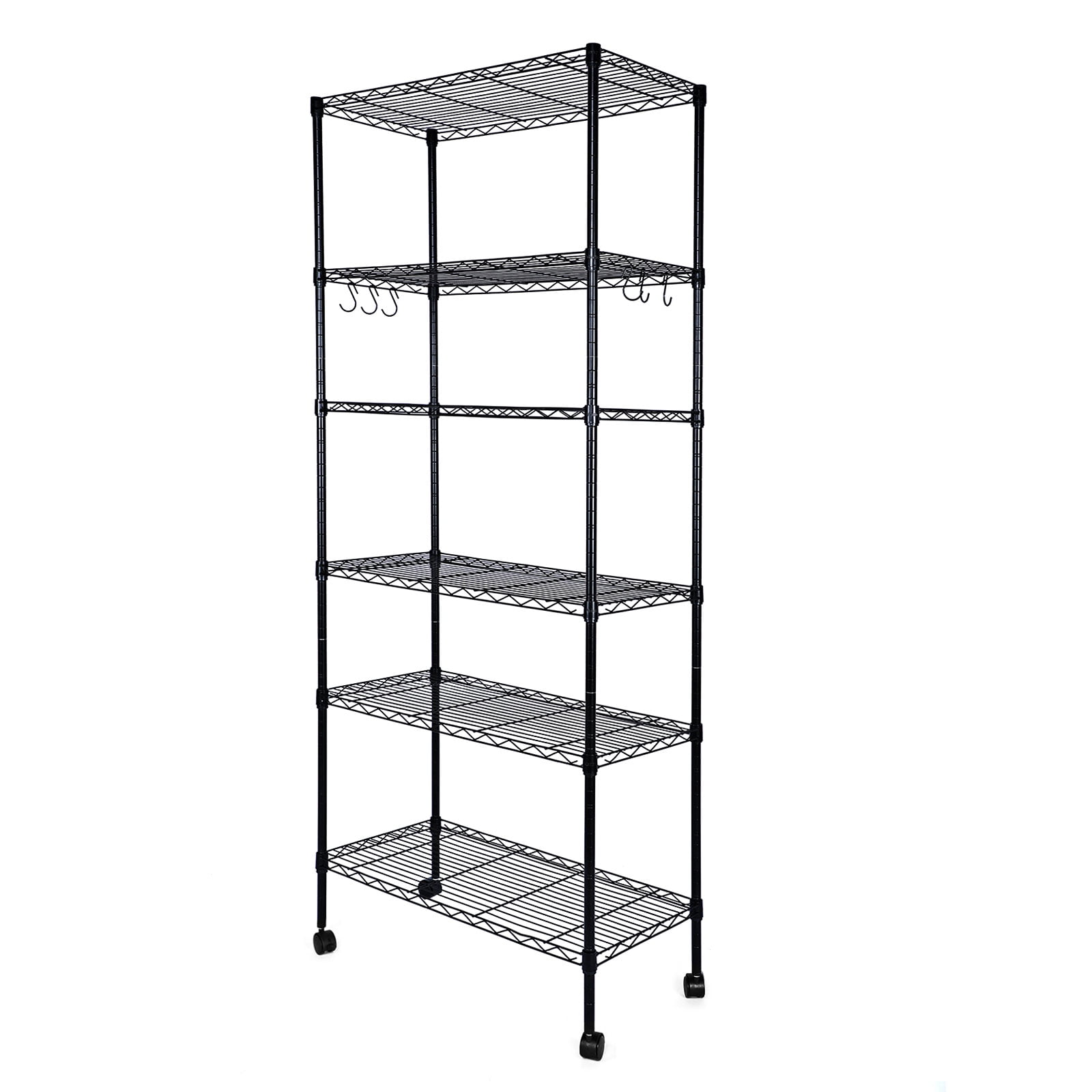 Heavy Duty 6-Shelf Shelving with Wheels,with Hanging Hooks,Wire