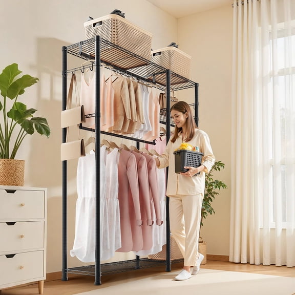 Heavy Duty 6-Tier Garment Rack with 3 Hanging Rods, 800 lbs Capacity Steel Frame Clothes Rack, Adjustable Tiered Closet Wardrobe for Bedroom, Clothing Store, Hallway