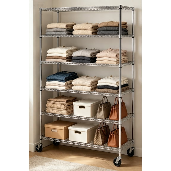 Heavy Duty 6-Tier Shelving Unit Adjustable, 6000 lbs Capacity Steel Storage Rack, 18" x 48" x 76" Mobile Shelves Wire Shelf Silver Rolling Utility Cart for Pantry, Garage, Kitchen, Chrome