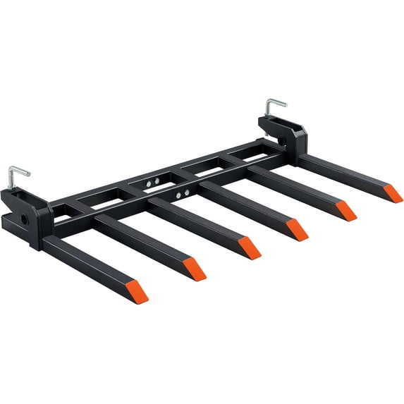 Heavy-Duty 6-Tine Clamp on Pallet Forks for Tractor Forks over 60”, 4000 lbs Capacity, dual nut construction, to Clean Debris, or Yard Refuse, Black