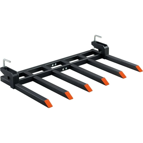 Heavy-Duty 6-Tine Clamp on Pallet Forks for Tractor Forks over 60”, 4000 lbs Capacity, dual nut construction, to Clean Debris, or Yard Waste, Black