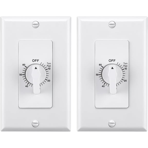 Heavy Duty 60-Minute in-Wall Spring Wound Countdown Timer for Lights, Mechanical Bathroom Exhaust Fan, No Neutral Required, Wall Plate Included, ETL Lted, 2 Pack