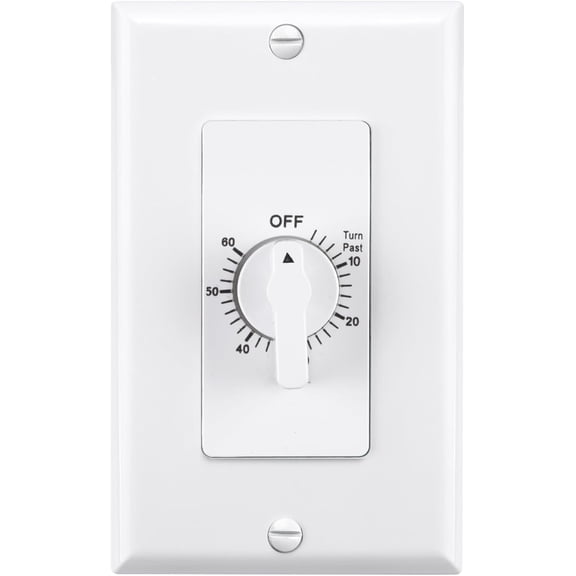 Heavy Duty 60-Minute in-Wall Spring Wound Countdown Timer Switch for Lights, Mechanical Switch Timer for Bathroom Exhaust Fan, No Neutral Required, Wall Plate Included, ETL Listed, 1 Pack