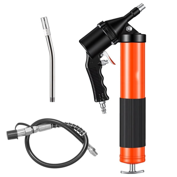 Heavy Duty 6000 PSI Grease Gun Kit with 14 oz Capacity Pistol Grip 18 Inch Flex Hose Rigid Extension Pipe and 2 Flat Nozzles for Automotive