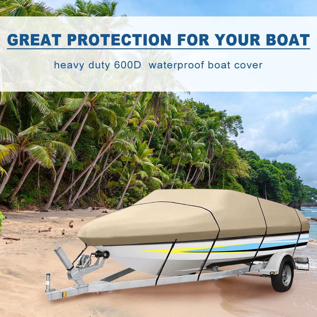 Heavy Duty 600D Boat Cover with Adjustable Strap and Safe Lock, Trailerable  Waterproof for V-Hull Fishing Ski Runabout Bass Boats, Beige 