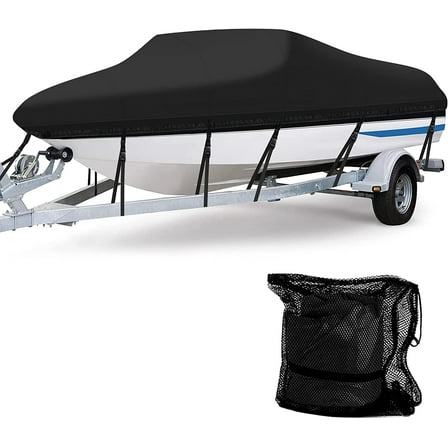 Heavy Duty 600D Marine Grade Polyester Waterproof Boat Cover, All Weather Protection Bass Runabout Boat Cover Fit for V-Hull, TRI-Hull, Pro-Style, Fishing Boat