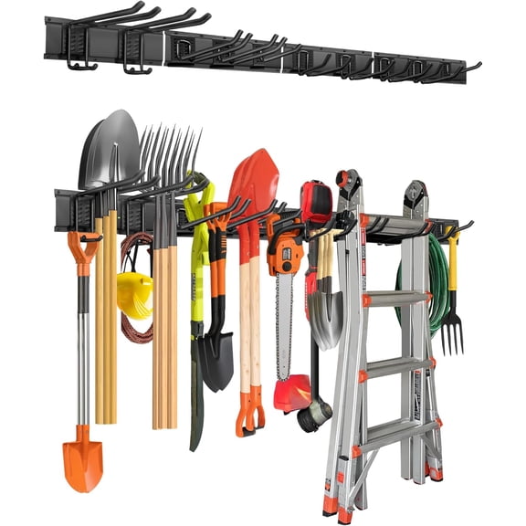 Heavy-Duty 64-Inch Wall-Mount Garage Tool Organizer Rack with 10 Scratch-Resistant Hooks, Powder-Coated Black Metal