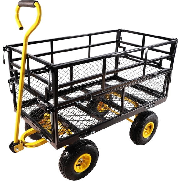 Heavy Duty 660 Lbs Capacity Mesh Steel Garden Cart Double Fence Utility Cart Folding Utility Wagon with Removable Sides (Yellow)