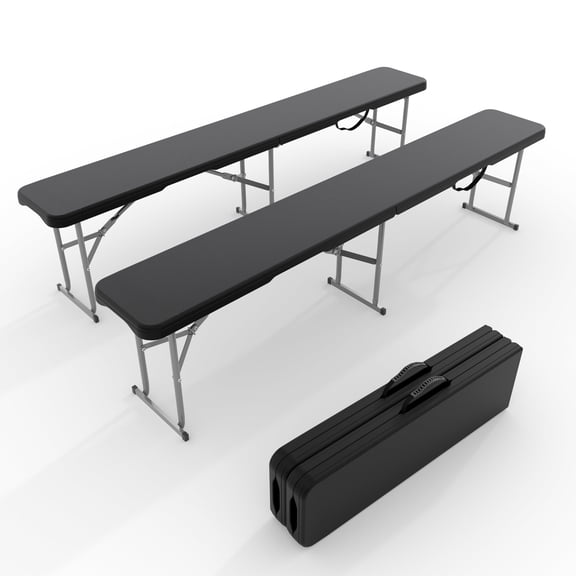 Heavy-Duty 6FT Plastic Folding Outdoor Bench 2-Pack – Waterproof HDPE, Portable with Carry Handle, Perfect for Picnic, Camping, Garden, Sports – Color: Black
