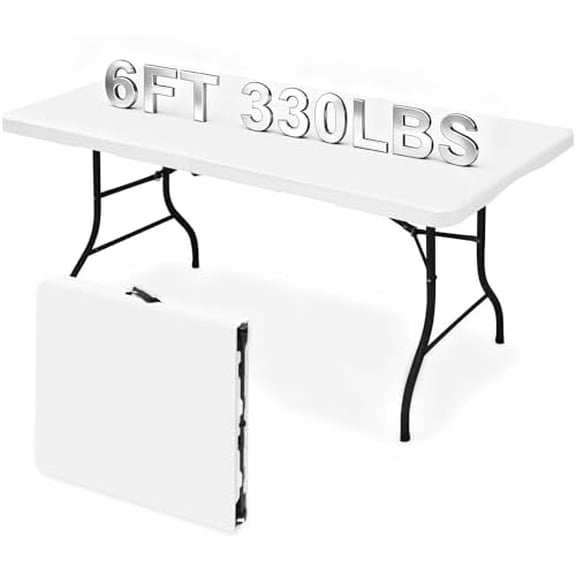 Heavy Duty 6ft Folding Table, Portable Fold-in-Half 6 Foot Foldable Table, Table of Utility Dining Indoor Outdoor with Carrying Handle for Camping Picnic and Party, White$$Garden & Patio