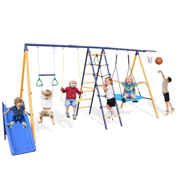 Heavy Duty 7 in 1 Swing Set for Kids Backyard Outdoor A-Frame Metal Swing with Slide, 2 Swing Seats, Climbing Net & Ladder, Gym Ring, Basket, 500 lbs Capacity