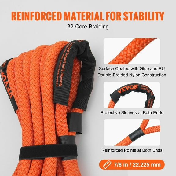 Heavy-Duty 7/8" x 30' Kinetic Recovery Rope with 2 Soft Shackles - 30,580lbs Capacity for Off-Road Vehicles