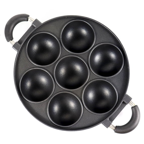 Heavy Duty 7 Cup Nonstick Pancake Pan, 1 Pack, Round Cavity Baking Tray with Handle, Muffin Cornbread Scone Mold for Oven, Kitchen Cookware for Takoyaki Eggs, Housewarming Gift, Black, 15.7 Inch