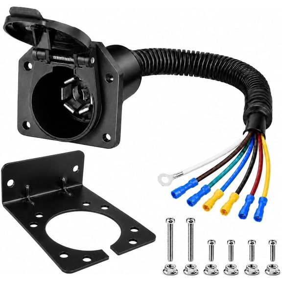 Heavy Duty 7 Way RV Trailer Light Connector Socket with Mounting Bracket, 7 Pin Trailer Plug Adapter, Quick-Install 7-Prong Pigtail Wiring Harness, Vehicle-Side Adapter for RVs and Trailers
