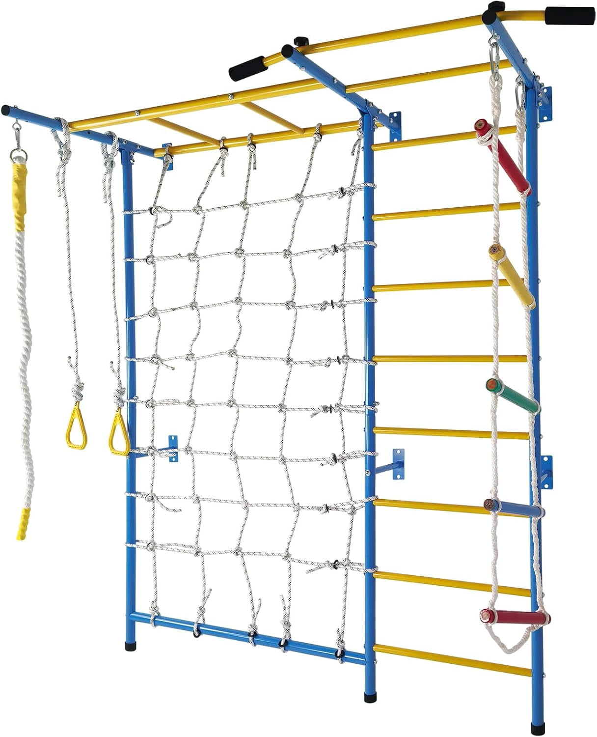 Heavy-Duty 7-in-1 Kids Climbing Gym – Steel Wall-Mounted Monkey Bars with 220 lbs Capacity, Includes Rope Ladder, Rings & Pull-up Bar for Home Play