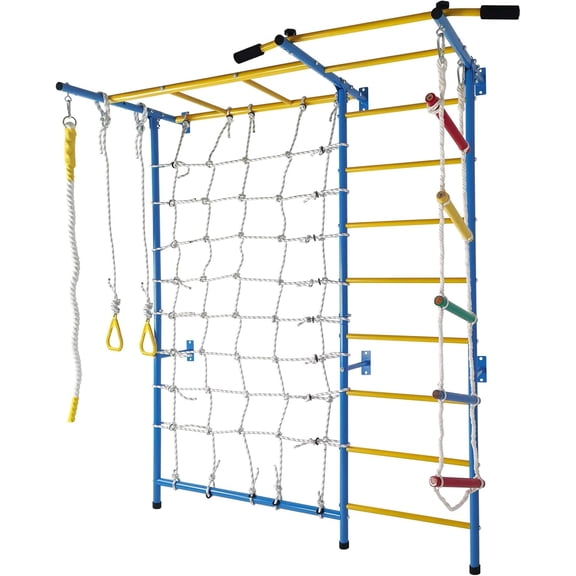Heavy-Duty 7-in-1 Kids Climbing Gym Steel Wall-Mounted Monkey Bars with 220 lbs Capacity, Includes Rope Ladder, Rings & Pull-up Bar for Home Play