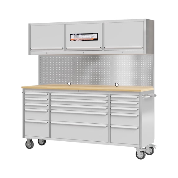 JustSmart 72" Tool Chest Rolling Workbench with 15 Drawers, 3 Cabinets & Wheels, Stainless Steel Garage Storage Cabinet, Rubber Wood Top, Locking System, Heavy Duty Mobile Tool Box Cart