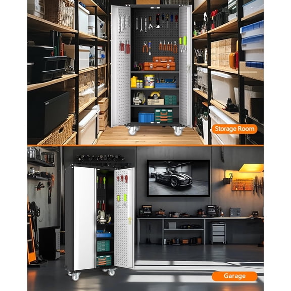 Heavy-Duty 72" Metal Storage Cabinet with Lockable Doors, Pegboard, 4 Adjustable Shelves, Rolling Wheels Steel Drawer Organizer for Home, Garage, Office, Utility Room Light Grey & Dark Grey