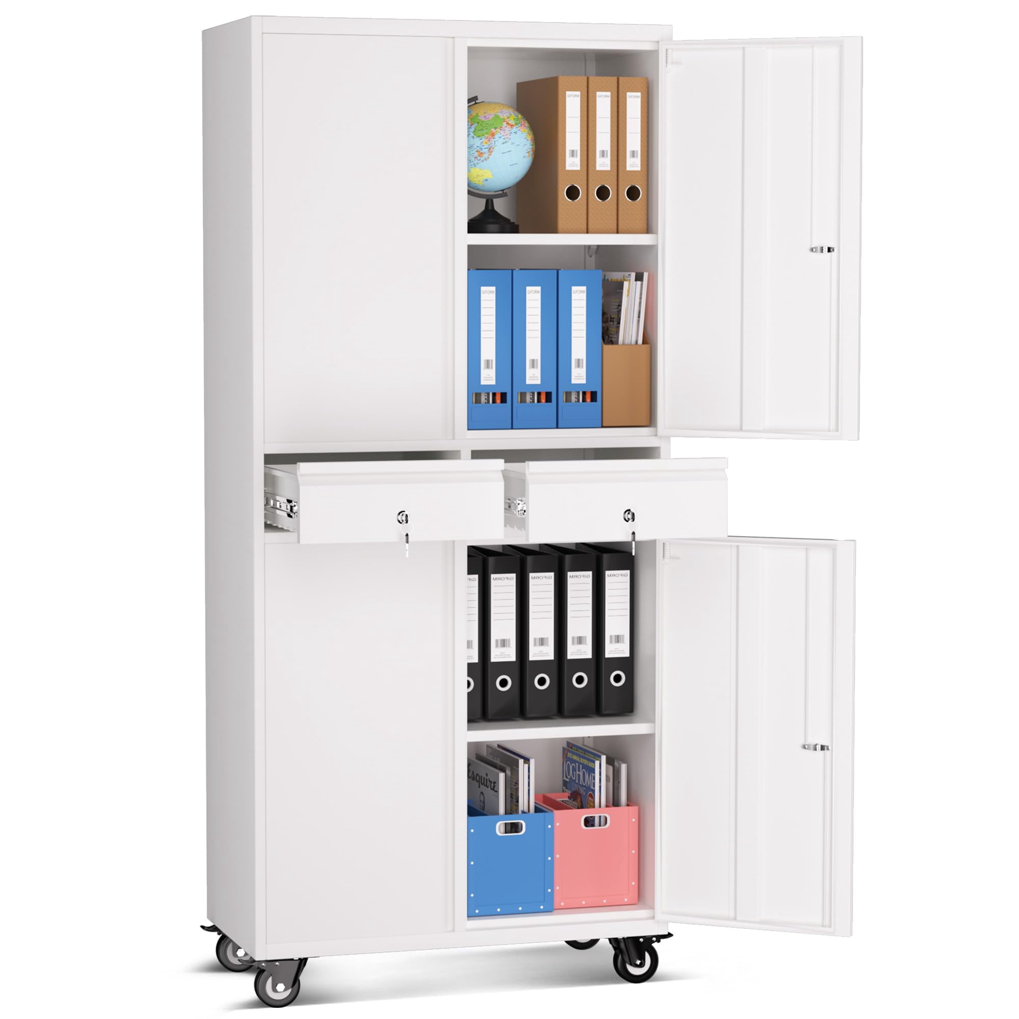 Heavy Duty 73'' Metal File Cabinet for Office & Workshop, 2 Drawers, Locking Doors, Adjustable Shelves, Mobile Wheels, Secure Steel Storage Cabinet