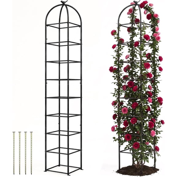 Heavy Duty 8.4 FT Garden Obelisk Trellis for Climbing Plants Outdoor, Rust-Resistant Large Metal Plant Support Tower with Bird Topper & Ground Stakes, Yard Art Decor for Roses Clematis Vines (Black)