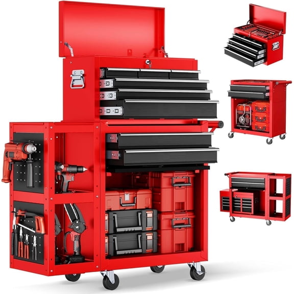 Heavy Duty 8 Drawer Rolling Tool Chest, 3-In-1 Modular Tool Box Set with Detachable 4-Tire Utility Cart, Lockable Workshop Tool Cabinet with Protective Liner, 35W x 13D x 43H Industrial Warehouse