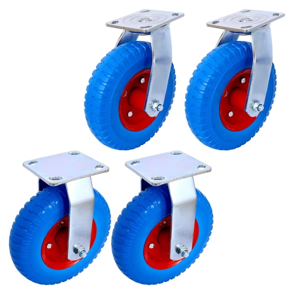 Heavy Duty 8 Inch Flat Free Caster Wheels Set of 4 with Ball Bearings, 5/8 Inch Bore, Swivel and Rigid Plate Casters for Furniture Carts and Carts - Blue