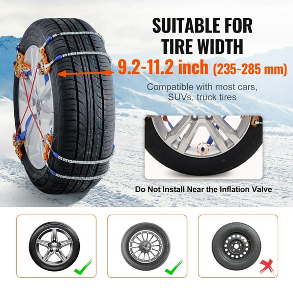 Heavy Duty 8-Piece Snow Chains for 9.2-11.2 Inch / 235-285mm Tires Cars, Pickups, SUVs, Trucks Reliable Winter Grip