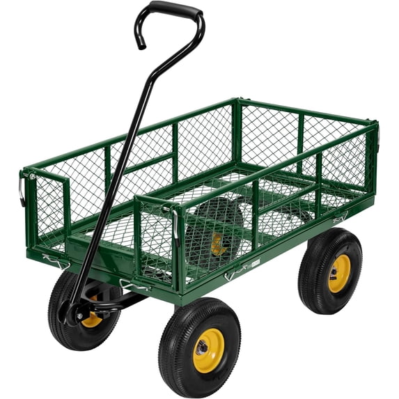 Heavy Duty 880 lbs Capacity Mesh Steel Garden Cart Folding Utility Wagon with Removable Sides and 4.10 3.50 4 Inch Wheels 10 Inch Tire Green