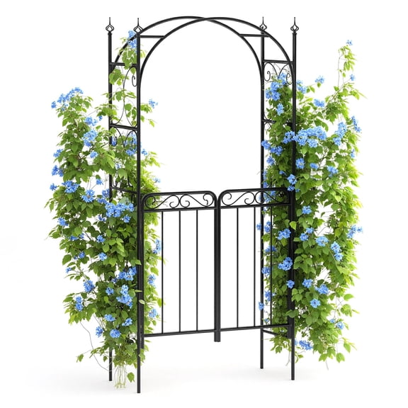 Heavy-Duty 8FT Black Metal Garden Arch with Double Gate, Steel Arbor Trellis for Climbing Roses, Vines and Flowers, Decorative Outdoor Archway for Patio, Lawn and Backyard Landscaping