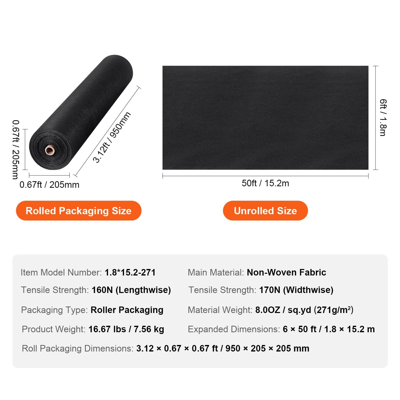 Heavy-Duty 8OZ Non-Woven Geotextile Fabric, 6x50FT Weed Barrier, Landscape Ground Cover for Garden & Yard Protection