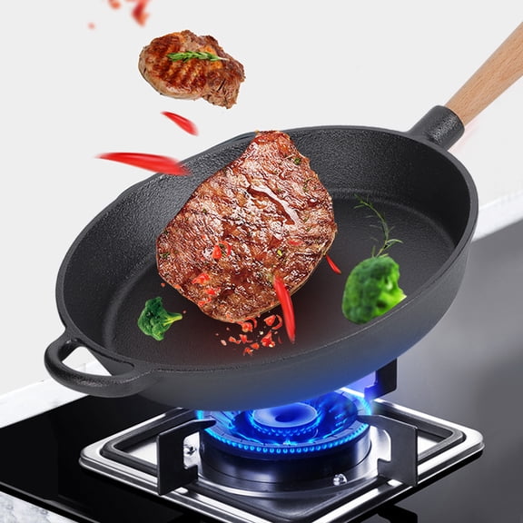 Heavy Duty 9.4 Inch Cast Iron Frying Pan Nonstick Skillet with Wooden Handle / 24 cm Traditional Steak Cooking Pan