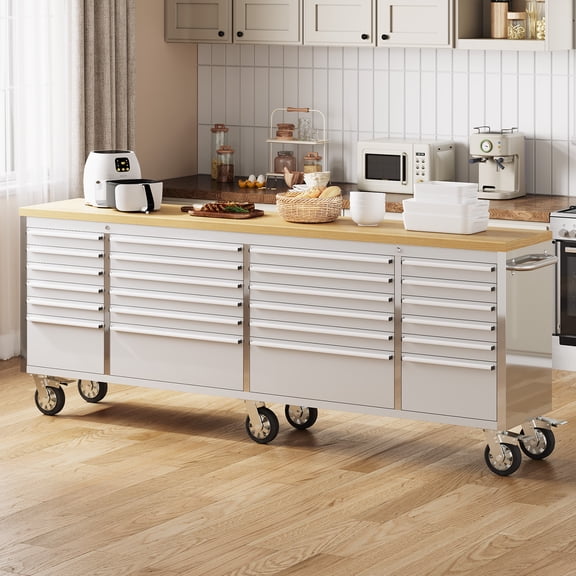 Heavy-Duty 96 Inch Rolling Tool Chest and Cabinet Combo - 24 Drawers, 3 Top Cabinets, Sturdy Rubber Wood Workbench, Locking System, Mobile Storage Organizer for Garage, Workshop, Repair Shop - Silver