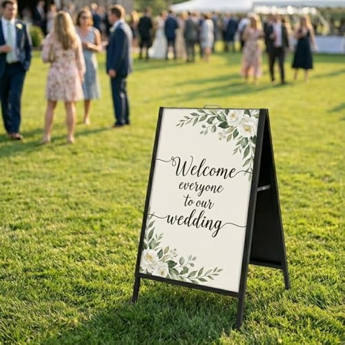 Heavy Duty A-Frame Sidewalk Sign 24x36 Inch - Double Sided Slide-in Metal Sandwich Board for Outdoor Business Advertising - Black Folding Pavement Display Stand (Frame Only)$$Other