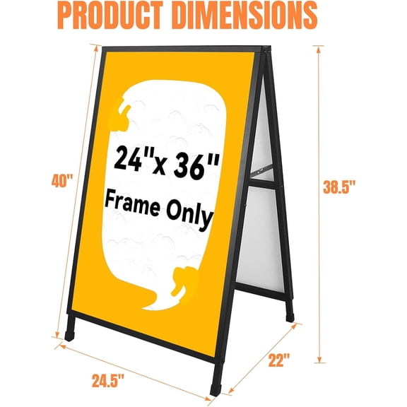 Heavy Duty A-Frame Sidewalk Sign 24x36 in, Double-Sided Foldable Metal Sandwich Board (Frame Only), Commercial Grade Display for Outdoor Advertising
