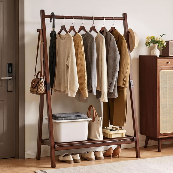 Heavy-Duty A-Shaped Wood Clothing Display Rack, 62.4" Tall with Bottom Shelf & Side Hooks for Bedroom or Hallway, Walnut