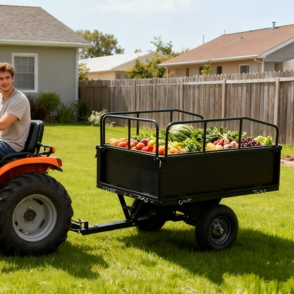 Heavy Duty ATV Trailer Tow Behind Dump Cart, 17 Cu.Ft. 600lbs Capacity, Pull Behind Steel Yard Wagon Dump Trailer for Tractor Lawn Mower Garden