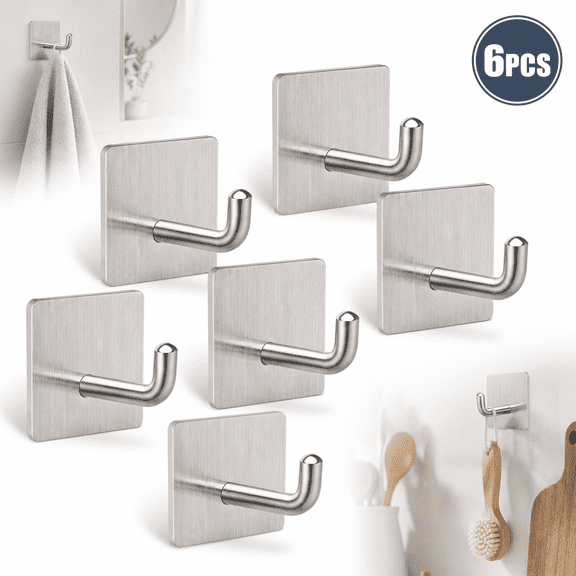Heavy Duty Adhesive Hooks, 6-Pack 304 Stainless Steel Self-Stick Wall Hooks for adhesive bathroom hooks,strong towel hooks and Kitchen Hallway Sticky Hooks