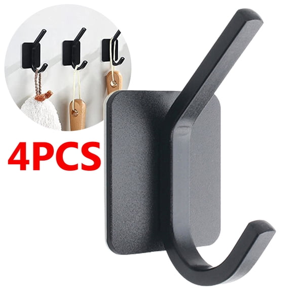 Heavy Duty Adhesive Hooks, Bathroom Towel Holders, Door Hangers, Stick On Wall, Stainless Steel, Waterproof, Rustproof for Clothes Coat Key Robe (Black, 4PCS)