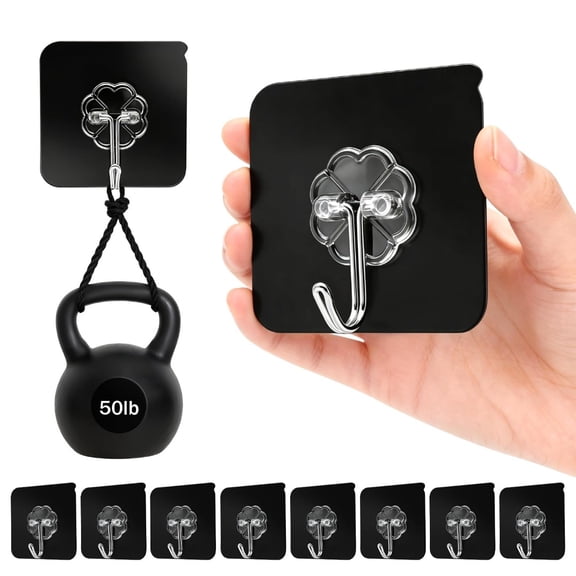 Heavy Duty Adhesive Hooks for Hanging 50lb(Max) Black Wall Hooks with Strong Sticky,No Damage Removable Hook Waterproof & Reusable for Bathroom, Kitchen, Shower, Outdoor Decor -8 Pack