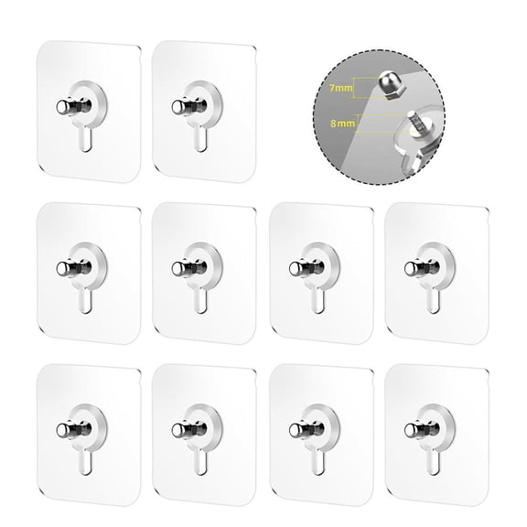 Heavy Duty Adhesive Wall Hooks - 10-Pack Seamless Transparent Nails, Waterproof No-Drill Utility Hooks with 8mm Screw Thread Base