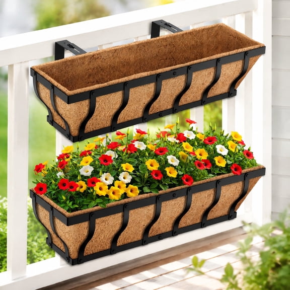 Heavy Duty Adjustable Balcony Railing Planter Boxes with Coco Liner, 24 Inch Window Box Planters for Deck, Porch, Patio Gardening (2 Pack)