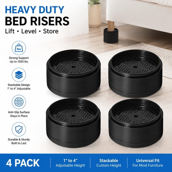 Heavy Duty Adjustable Bed Risers 1-4 Inch, Stackable Furniture Raiser Blocks for Sofa Couch Table Desk Chair Washer Refrigerator, Black 4 Pack