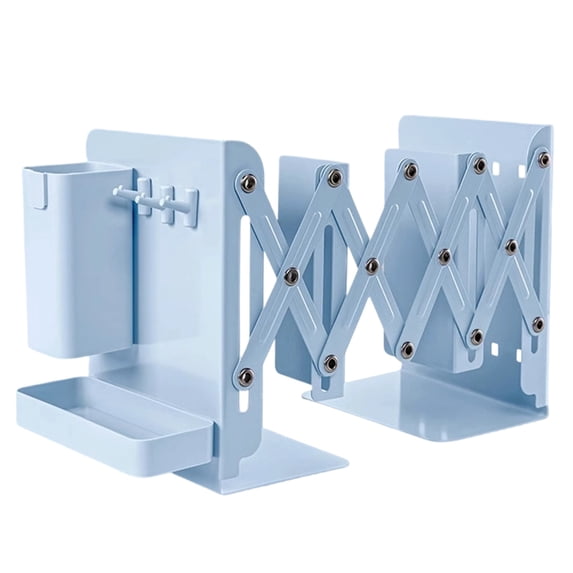 Heavy Duty Adjustable Bookends, Metal Expandable Book Holder with Pen Tray, Desk Organizer for Office, Home, and Student Use