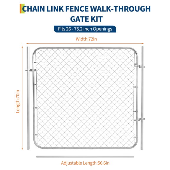 Heavy-Duty Adjustable Chain Link Fence Gate Kit – Galvanized Steel with Posts & Frame – Decorative Outdoor Use for Backyard, Garden, or Pet Enclosure – Silver – 72 x 70 Inches