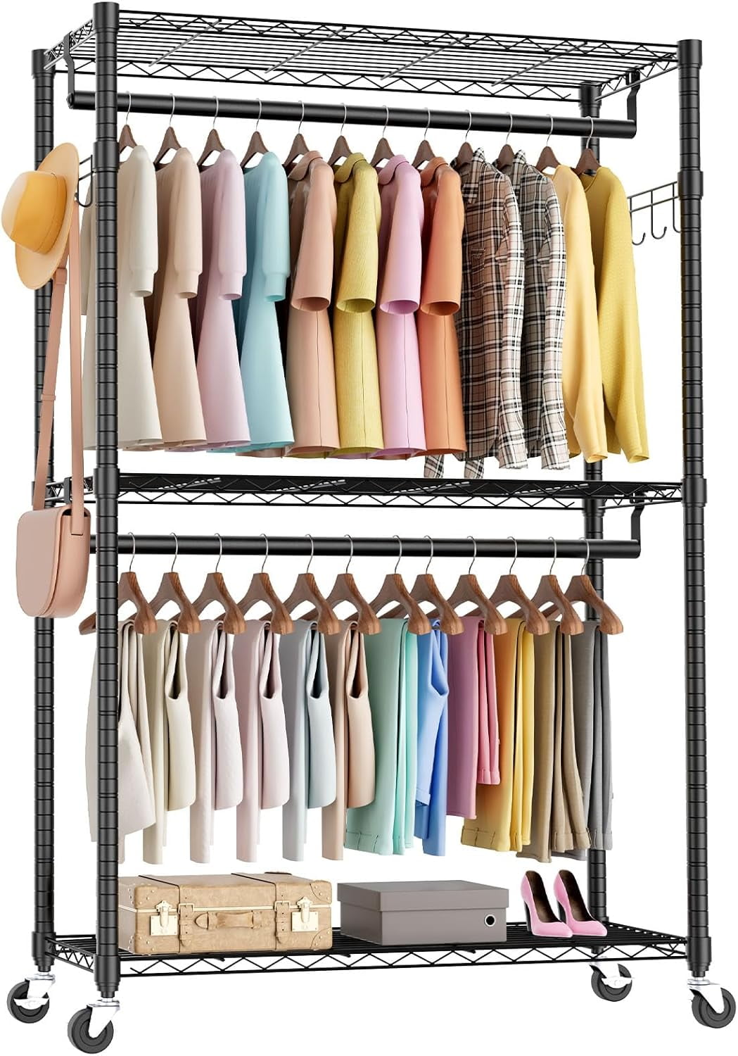 Black Heavy Duty Adjustable 3-Tier Rolling Garment Rack with Double Rods