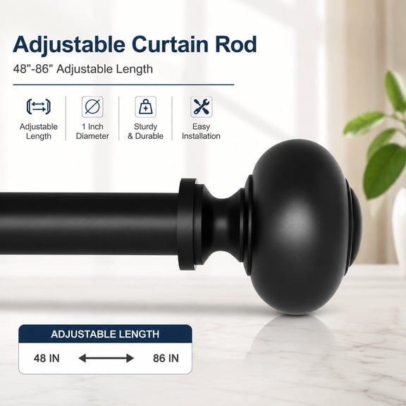 Heavy Duty Adjustable Curtain Rod 28"-48"/60" with Round Finials, 1" Diameter, Black Telescoping Window Drapery Rod 1 Pack
