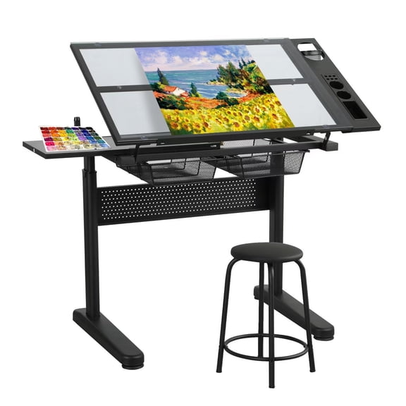 Heavy-Duty Adjustable Drafting Table | Solid Glass Art Desk for Adults | Art Drawing Desk for Painting Craft